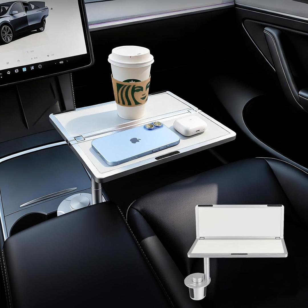 Car Table & Car Desk Tray for Round Cup Holder, 360 Rotating & Foldable Design, Easy Install, Car Accessories Compatible with Tesla (Rectangle)