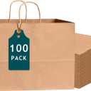 Bakepacker 100-Pack Wide Large Size Paper Bags With Handles Bulk 12.6"x4.3"x10" Brown Party Kraft Shopping Bags