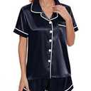 YIJIU Womens Satin Silk Pajamas Set Short Sleeve Button Down Top and Shorts Sleepwear Comfy 2 Piece Pjs Set Loungewear, Navy Blue, XXL