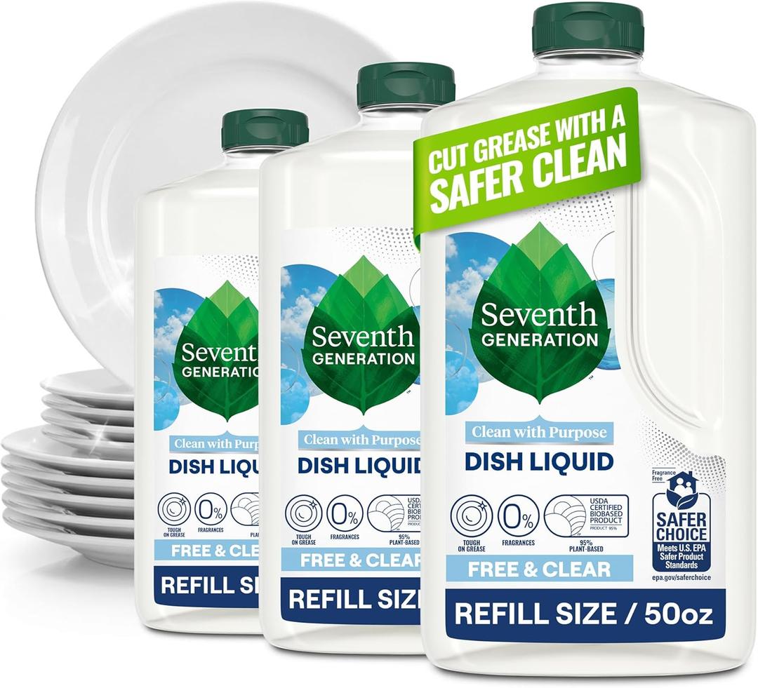 Seventh Generation Dish Soap Refill, Free & Clear, 50 fl oz, 3 Pack, PlantBased Dishwashing Liquid for Grease & Tough Food Messes, For Sensitive Skin