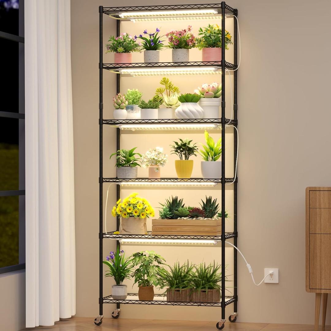 Plant Shelf with Grow Light Indoor - DIY 6-Tier Plant Stand with Grow Light, Adjustable Rack and Wheels, 8 Pack 24" 192W T8 Full Spectrum Grow Lamp for Indoor Plants, Seed Starting 29"x13.5"x73.5", 8 Lights, 6 Pads, 6 Shelves, 4 Casters, 12 Poles