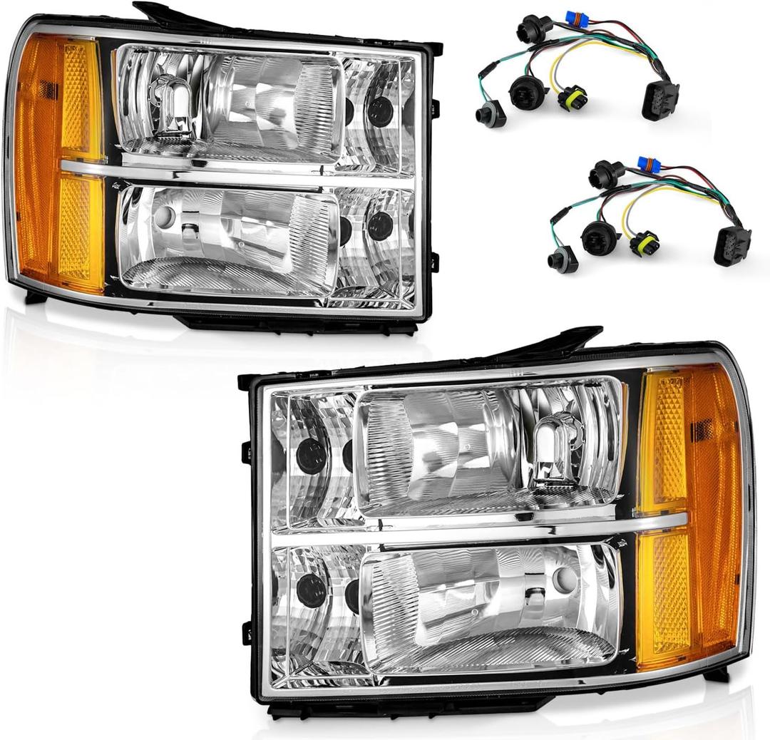WEELMOTO for 2007-2013 Sierra Headlights for 07-13 GMC Sierra 1500/07-14 Sierra 2500 HD 3500 HD Headlamp Chrome Housing Amber Reflector Left+Right wiring harness included