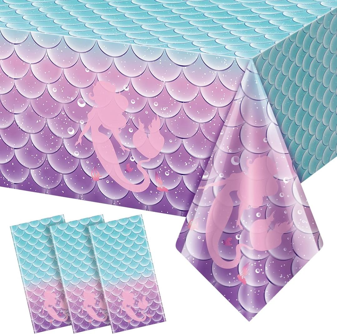 3Pcs Mermaid Birthday Party Tablecloth Decorations,Disposable Plastic Table Cover for Princess Under The Sea Baby Shower Themed Kids Birthday Party Supplies,108x54 Inch