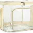 FlowFly Insulated Reusable Lunch Bag Adult Large Lunch Box for Women and Men with Adjustable Shoulder Strap,Front Zipper Pocket and Dual Large Mesh Side Pockets,Clear#Biege