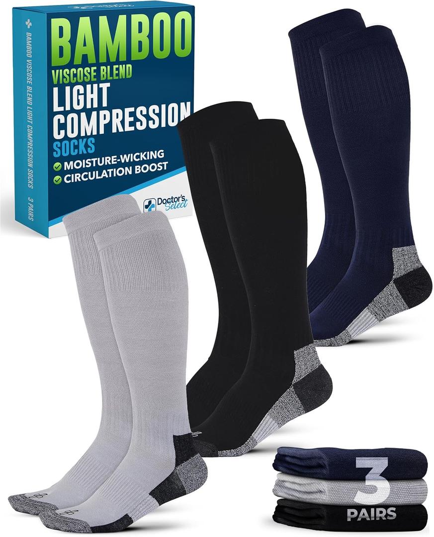 Doctor's Select Bamboo Viscose Light Compression Socks for Women & Men - 3 Pairs, 8-15 mmHg Compression Socks, Knee High (Large)
