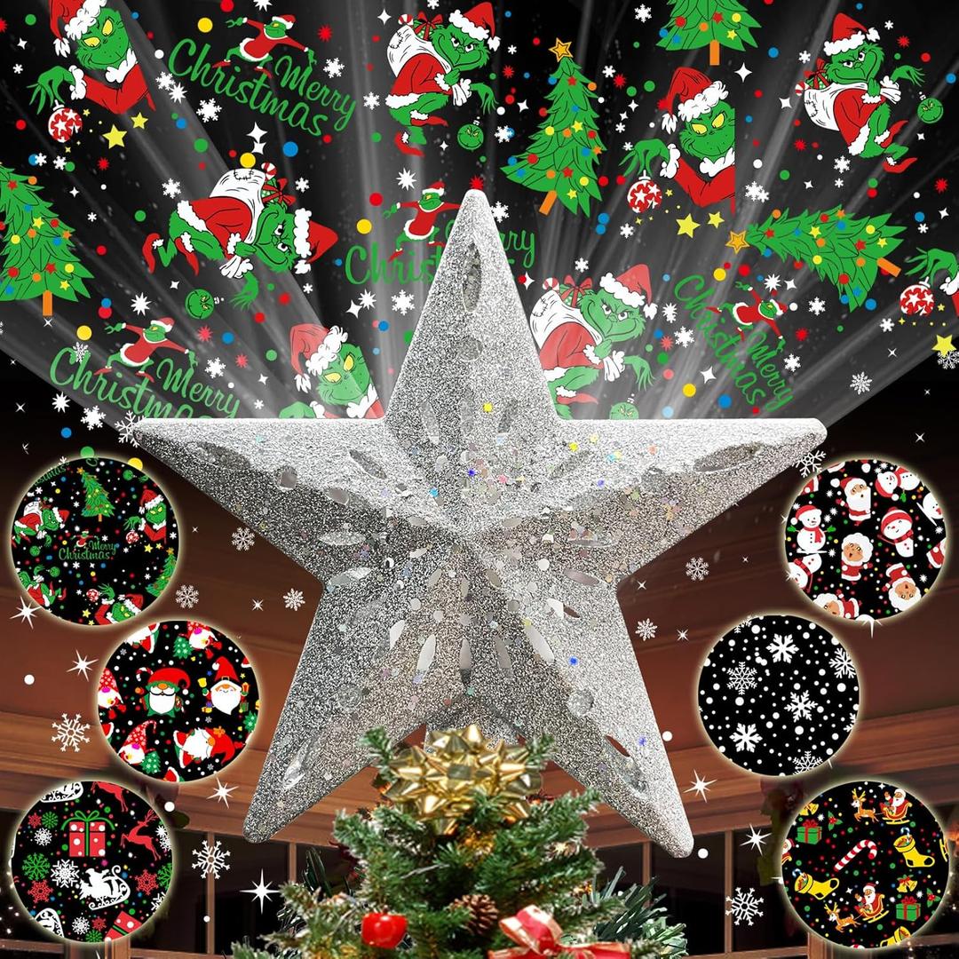 10" Christmas Tree Topper Projector with 6 Projection Modes, Built-in LED Rotating Light, 3D Glitter Dynamic Projector Light Up Xmas Tree Topper Star for Christmas Holiday Party Decorations Gifts (Silver)