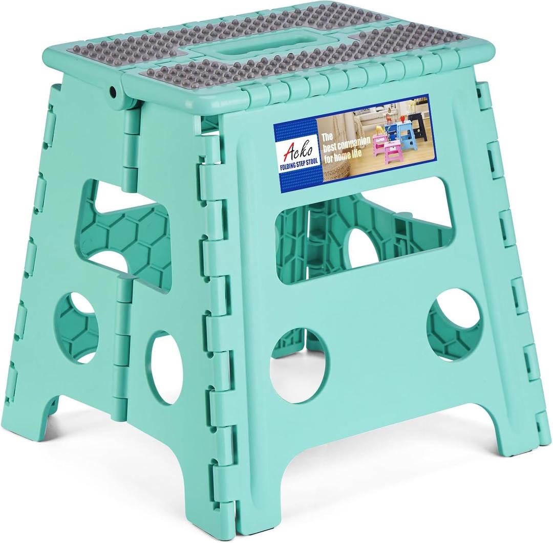 ACKO Folding Step Stool 13 Inch Stool Heavy Duty Plastic Foldable Step Stools for Kids, Stepping Stool with Handle, Suitable for Kitchen Hold Up to 300 LB (Teal 1PC)