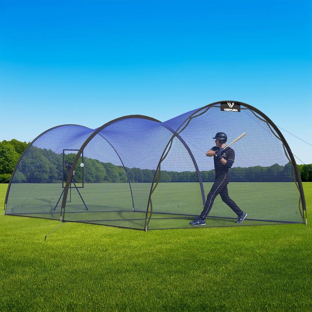 Portable 22ft x 12ft x 8ft Baseball & Softball Batting Cage  Easy to Install Hitting Cage with Pitching Machine Hole, 3-Ply Blue Netting, 14mm Fiberglass Poles, Secure Steel Frame & Carry Bag Include