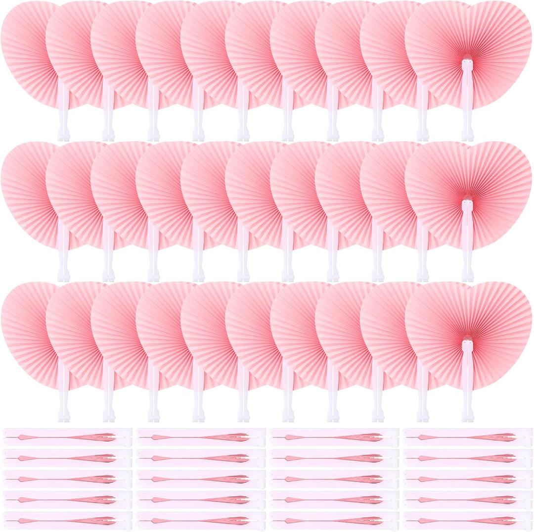 Blulu 60 Pack Wedding Decorative Paper Folding Hand Fan Handheld Heart Wedding Foldable Fan Chinese and Japanese Decoration Bulk for Bridal Guest Summer Dancing Birthday Party Favors(Pink)