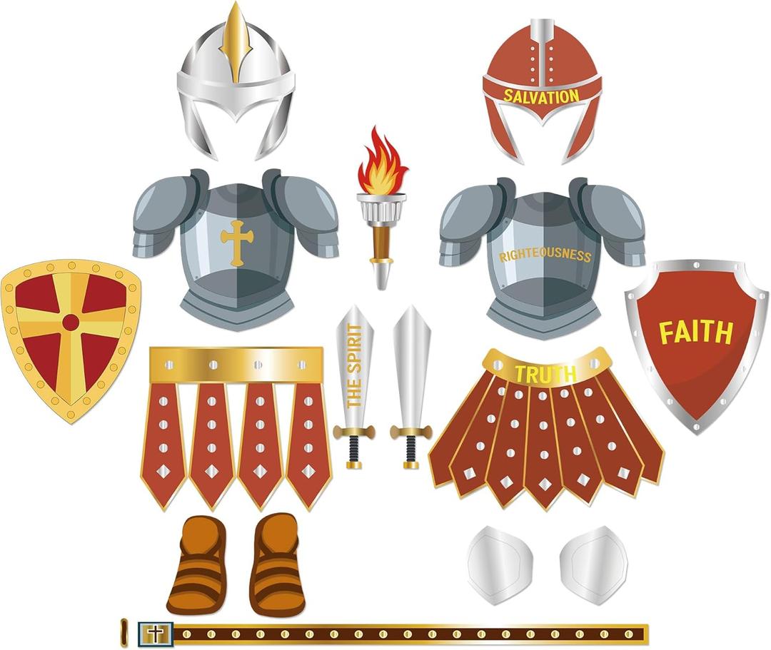 16Pcs Red Armor of God Costume Knight Party Armor Costume Craft Kit Paper Helmets Swords Shield Medieval Knight Decorations Christian Party Gift Dress up Supplies