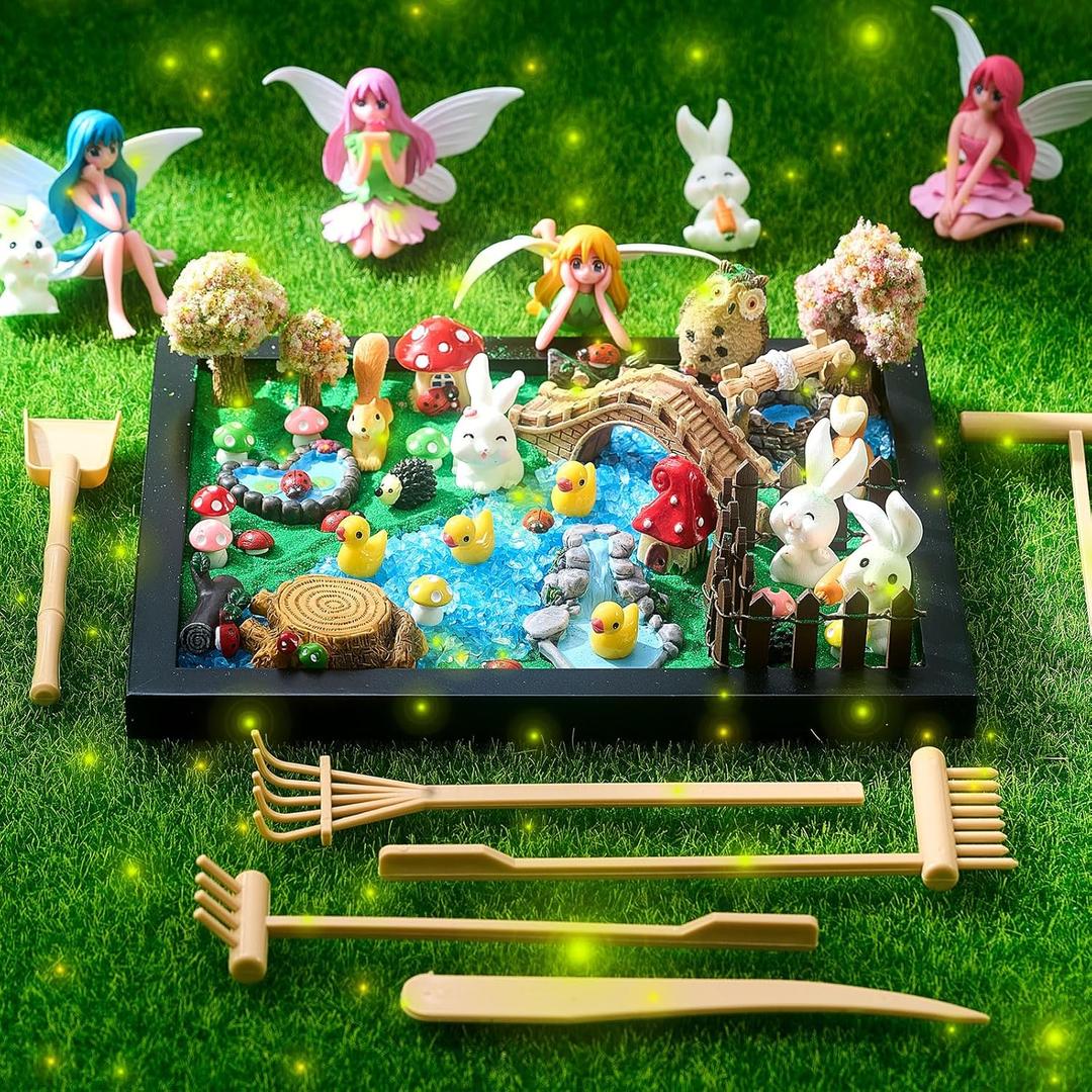 Soulchen Zen Garden Kit for Table Decor Christmas Sand Zen Garden Gifts Mini Sandbox Set with Black Wooden Tray, Sand, Tools & Accessories Japanese Gifts for Meditation Room Office Home(Fairy Style)
