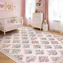 Wonnitar 8x10 Washable Rug, Pink Rugs for Girls Bedroom Decor, Boho Ultra-Thin Non Slip Soft Moroccan Floral Large Carpet for Living Room Baby Nursery Kids Playroom, Pale Pink