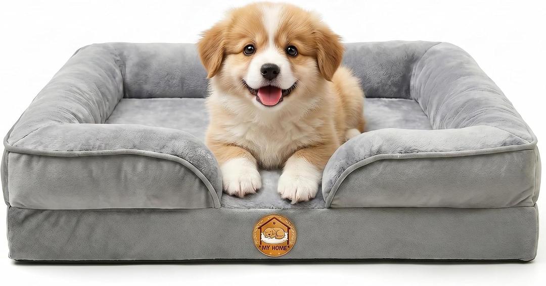 Orthopedic Dog Bed for Small Dogs- Memory Foam Pet Bed with Cooling Support, Calming Washable Dog Bed with Soft Bolster, Removable Machine Washable Cover, Non-Slip Bottom with My Home Label