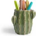 Ceramic Cactus Pen Holder, Cactus Decor Cute Pencil Holder, Makeup Brush Holder for Home, Office Desk Accessories(Light Green Cactus) (Large(Diameter 7.5CM))