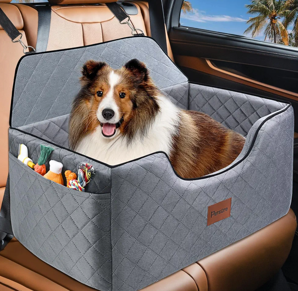 Persure Dog Car Seat,Dog Booster Seats Medium Large Sized Washable Pet Travel with Thick Cushion Travel Dogs Bed for Under 55 lbs or 2 Small Dogs,Safely and Securely (Grey, Rear seat)