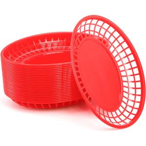 Kingrol 24 Large Fast Food Baskets, 11.8 x 8.75 x 1.75 Inch, Red - Oval Plastic Food Serving Baskets for Restaurant, Home Kitchen, Office, Party, Picnic