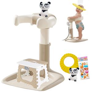 Baby Shower Stand with Support, 2-in-1 Sitting & Standing Baby Bath Stand with Anti-Slip Base, 10 Levels Adjustable Height and Armrest with Seat for Toddlers, Ideal Gift for Infants 6-36 Months
