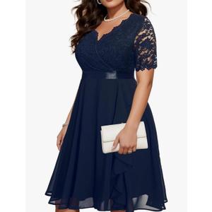 Plus Size 16 Wedding Guest Dress - Formal Cocktail Party Ruffle Elegant Tea Length Lace Chiffon V Neck Midi Dresses