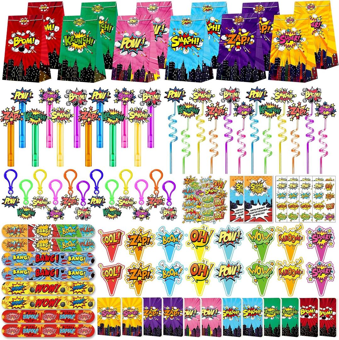 220PCS Hero Party Favors Kit Birthday Supplies Includes Goodies Bags, Straws, Bubble Wands, Notebook & More Perfect for Party Decorations & Pinata Fillers