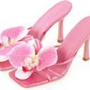 Richealnana Women's Clear Square Toe Sandals Stiletto Heel Slip On Mules Shoes (7, Pink-flower)