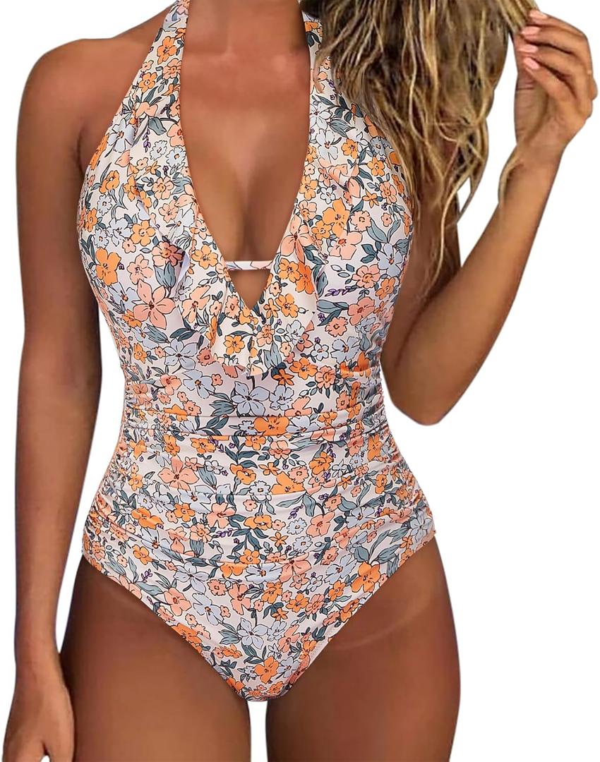 SUUKSESS Women Sexy Halter One Piece Swimsuits Ruffle Tummy Control Bathing Suit (Large, #1 Yellow Floral)