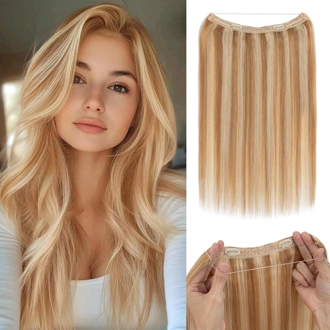 Halo Hair Extensions,Prokyvity Halo Hair Extensions Real Human Hair,Invisible Adjustable Wire Extensions for Seamless Blending 16 inch/65g Golden Brown Streaked with Bleach Blonde