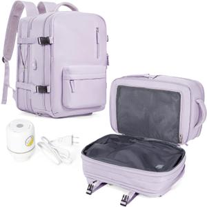 Large Travel Vacuum Backpack with Electric Air Pump, Carry on Backpack Flight Approved Item Bag,Casual Daypacks Cabin Bagage, Expandable Hiking Business Laptop Backpack with USB Charger, Purple