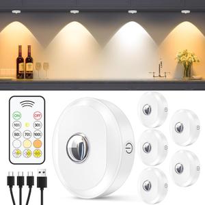 WILLED Rechargeable Puck Lights with Remote Control, 3 Color Temperatures and Timing Function, Dimmable Tap Light, Stick on Under Cabinet Lights, LED Puck Lights for Kitchen, Closet and Shelf(6 Pack) (Warm White - Cool White, White)