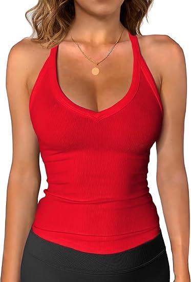 Womens Spaghetti Strap V-Neck Ribbed Tank Tops for Women 2026 Slim Fitted Soft Camisole Basic Layering, Medium 