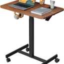 Mobile Standing Desk, Rolling Laptop Cart Adjustable Height with Cup Holder, 28 inch Portable Table with 4 Lockable Wheels, Walnut Computer Workstation with Hook and Slots for Home Office