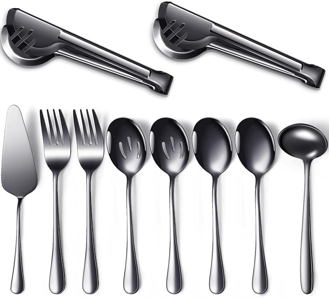 Patelai Serving Utensils Set Include Stainless Steel Large Spoons Slotted Spoons Forks Tongs Soup Ladle and Pie Server for Parties Buffet Catering, Dishwasher Safe(Black,10 Pieces)
