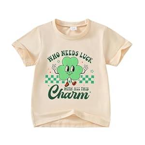 Little Girl St Patricks Day T-Shirt Lucky Clover Top Toddler Girl St Patricks Day Outfit Beige 7-8 years