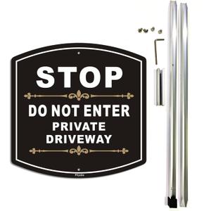 Stop Do Not Enter Private Driveway Sign with Stake, Aluminum Metal Private Driveway Sign, 28" Total Length, Heavy Duty Weather Resistant