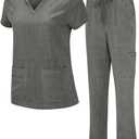 Natural Uniforms Women's Cool Stretch V-Neck Top and Cargo Pant Scrub Set with Regular and Petite Sizes (Heather Grey)