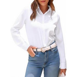 jonivey Womens Long Sleeve Button Down Stretch Dress Shirt Soft Wrinkle Free Work Casual Business Office Blouse (Large, 01white)