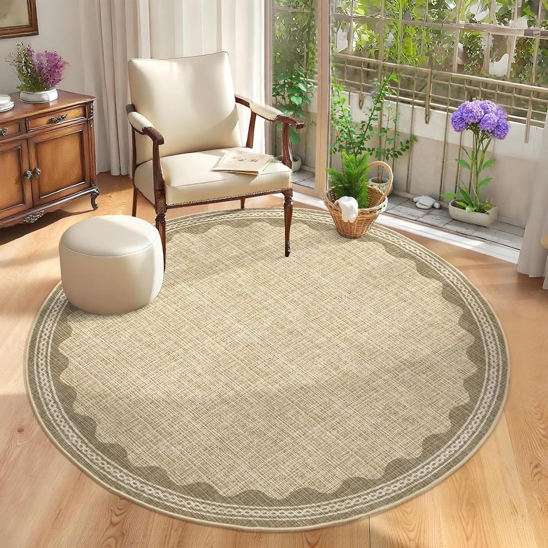 GarveeHome Scalloped Edge Circle Solid Tan Jute Digital Printing 5ft Round Rug Washable Non-Slip Soft Ultra-Thin Modern Carpet for Living Room Kitchen Bedroom Nursery Dining Room