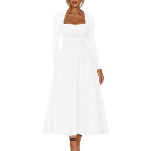 Kaximil Women's Long Sleeve Square Neck Corset A Line Maxi Dress Ruffle Flowy Formal Long Dresses (White)