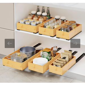 RESENSTORE 3 Pack Bamboo Pull Out Cabinet Organizer,Slide Out Drawers for Kitchen Cabinets,Fixed with Nano Adhesive Film Multifunctional Drawer Organizers For Pantry Bathroom Bedroom