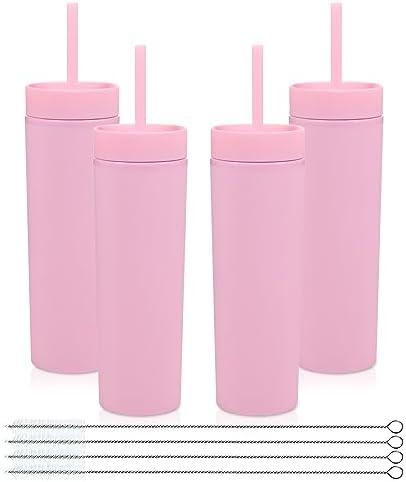 Volhoply 16oz Plastic Skinny Tumbler With Lid and Straw Bulk 4 Pack,Insulated Double Wall BPA Free Matte Acrylic Tumblers,Iced Coffee Travel Mug Reusable Party Cup,Customizable Diy Gifts(Pink,4 Set)