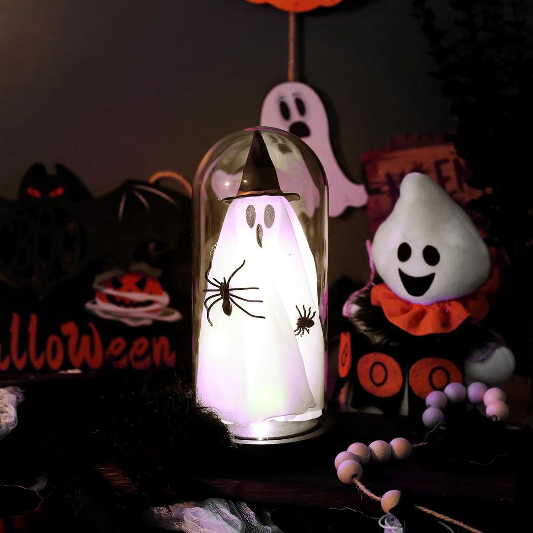 Halloween Decor Light Up Ghost in Dome Cloche Lighted Ghost for Home Mantel Tabletop Party Holiday Table Centerpieces Indoor Decorations, Black