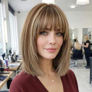 12 Inch Brown Mixed Blonde Human Hair Wig, Bob Wig Human Hair, Human Hair Wig With Bangs, Real Hair Wigs For Women, real human hair wigs