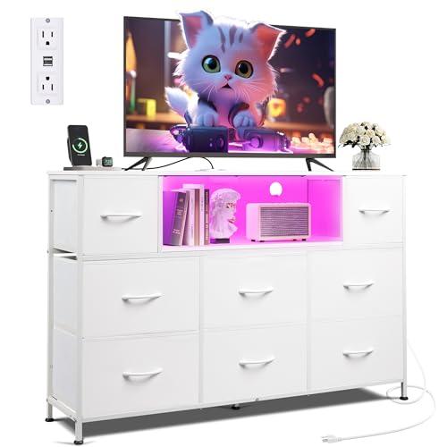 WLIVE White Dresser TV Stand for 45, 50, 55 inch TV, Entertainment Center with LED Lights & Charging Station, Chest of Drawers with 8 Fabric Drawers and Open Shelves for Living Room, Hallway, Wood Top