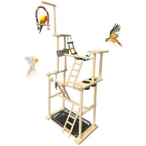 Hamiledyi Natural Wood Bird Playground Stand with 4 Large Layers - Exercise Perch for Parrots Cockatiels and Small Birds Indoor Bird Activity Center with Ladders and Swings