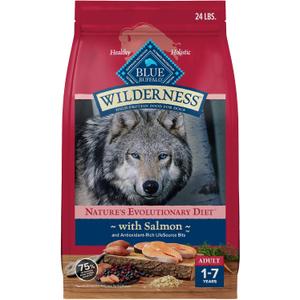 Blue Buffalo Wilderness Natural High-Protein Dry Food for Adult Dogs, with Wholesome Grains, Salmon, 24-lb. Bag, BBD 09/28/2027