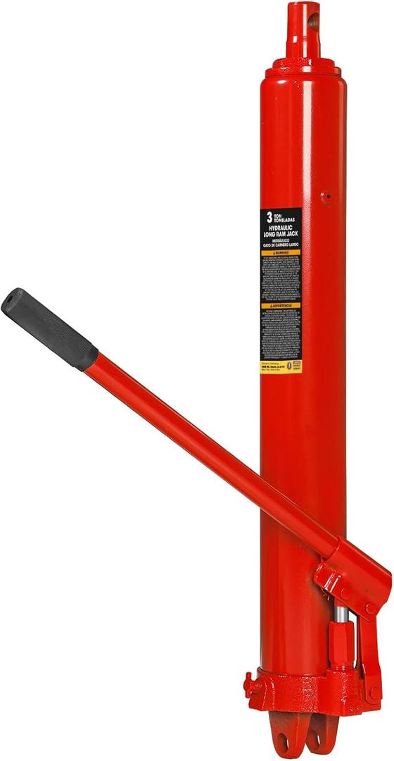 Big RED AQD3TR Hydraulic Long Ram Jack 3 Ton Heavy Duty Engine Hoist Cylinder with Clevis Base & Single Piston Pump - Professional Hydraulic Ram Cylinder for Garage Repair, Auto Shop, Farm Equipment