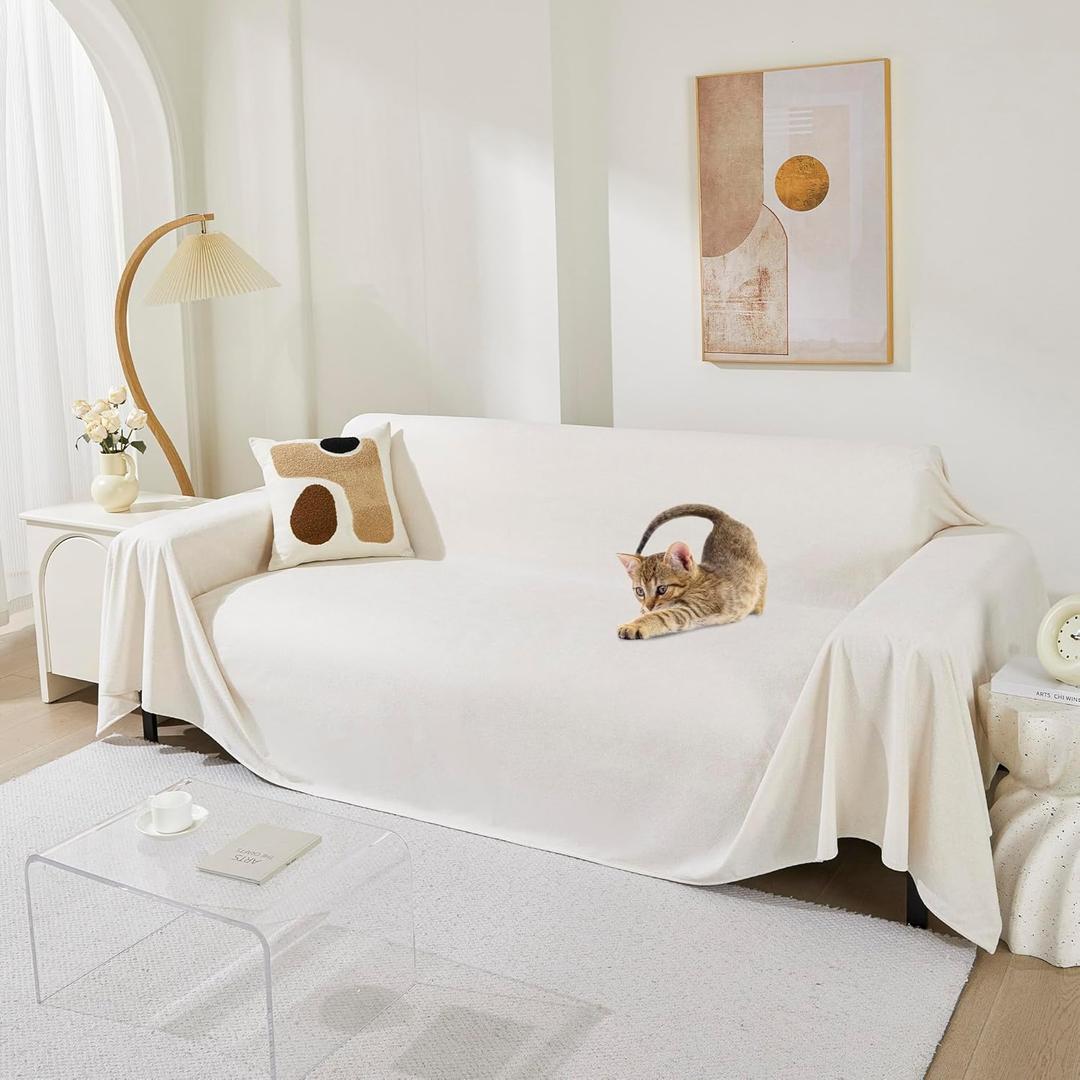 MEETSKY Couch Cover for 3 Cushion Cat Scratch Proof Couch Protector Washable Non Slip Sofa Covers Sectional Couch Covers for Dogs Soft L Shape Sofa Slipcover for Pets Kids, 91" x 134", Creamy White