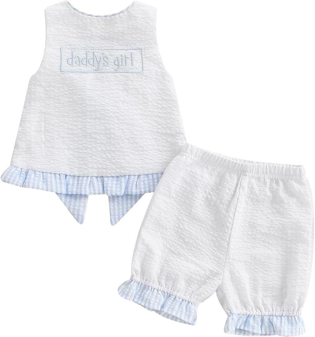 Toddler Girl Summer Outfit Letters Embroidery Cross Back Pinafore Top and Shorts Kids Striped Seersucker Clothes Set (Blue, 2-3T) (S)