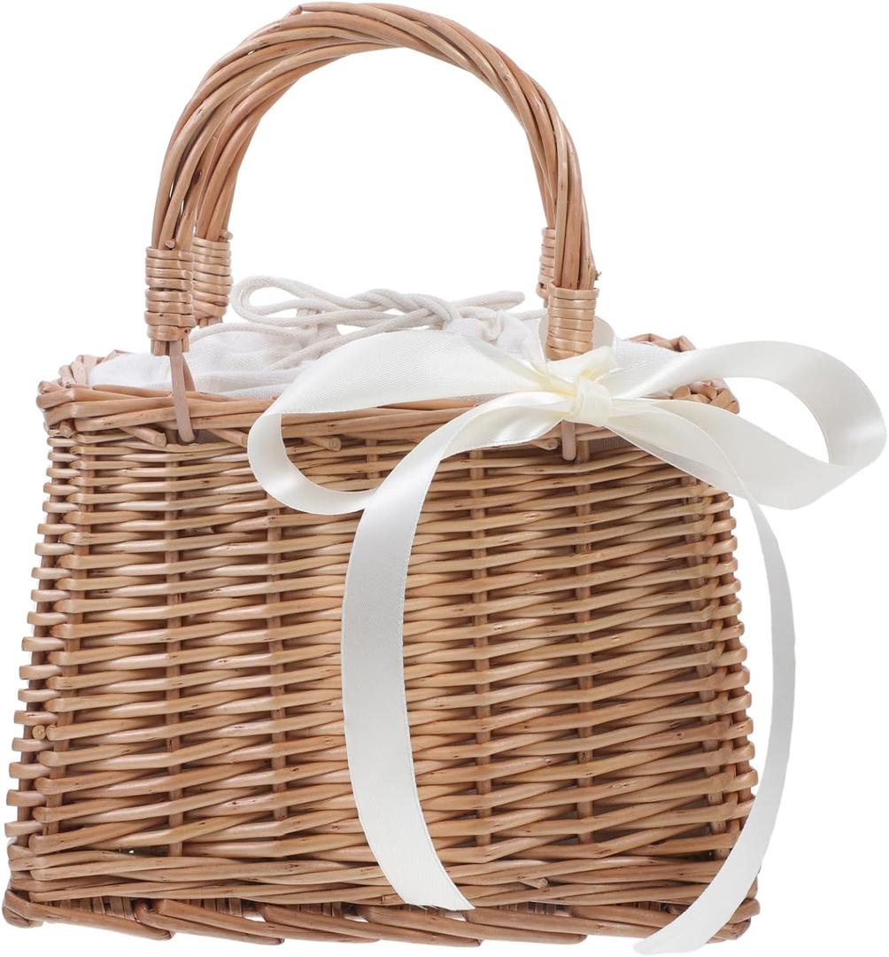 Cabilock Flower Girl Basket - Rattan Wicker Flower Girl Basket, Small Woven Basket with Handle, Picnic Basket, Women Straw Tote with Handle for Weddings, Garden Storage Home Decor (23.50X15.50X13.00CM, White)
