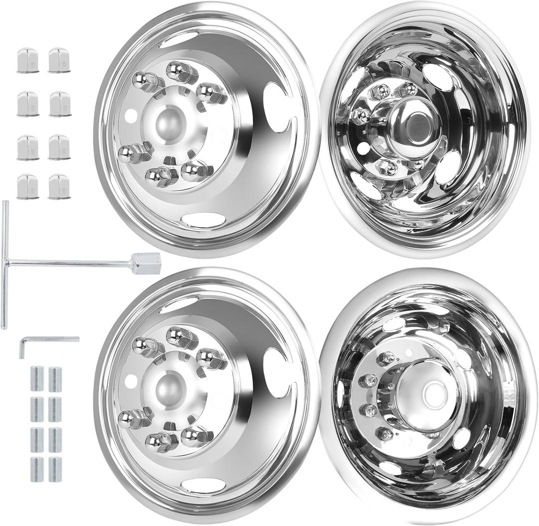 hightall 16 Wheel Simulators, 16" 8 Lug Stainless Steel RV Hubcaps,Polished Surface,2Pcs Front Wheel/2Pcs Rear Wheel,Bolts On Wheel Cover Set Compatible with Ford 2008-2021 E-350/E450 Super Duty