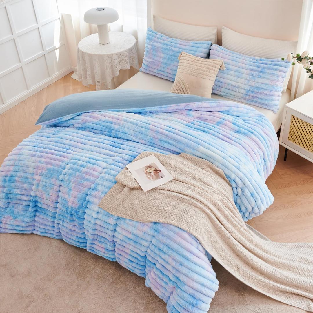 ANGIYUIN Blue Fluffy Girls Bedding Cover Set Full Faux Fur Plush Duvet Cover Set Tie Dye Fuzzy Shaggy Comforter Duvet Cover with Pillowcases(Blue Full)